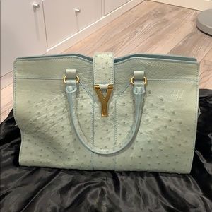 YSL Cabas Medium sky blue Ostrich Leather satchel